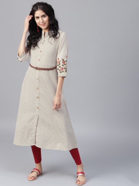 

Yufta Women Off-White & Beige Striped A-Line Kurta