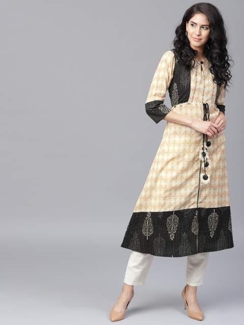 

Yufta Women Beige & Black Printed A-Line Kurta
