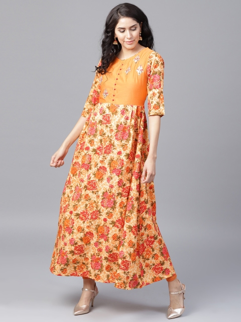 

Yufta Women Yellow & Orange Floral Print A-Line Kurta