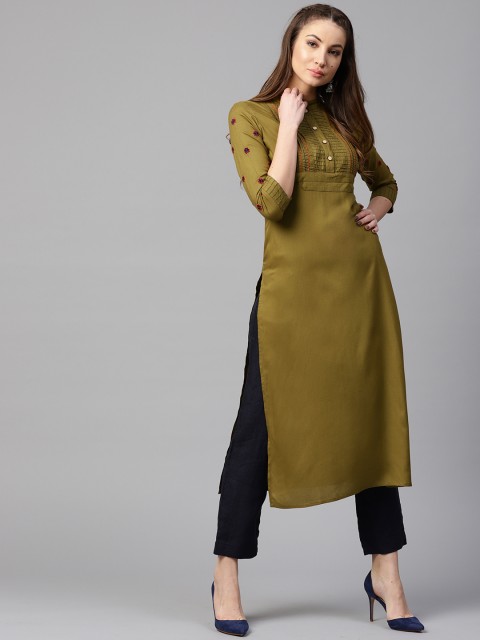

Yufta Women Olive Green Solid Straight Kurta