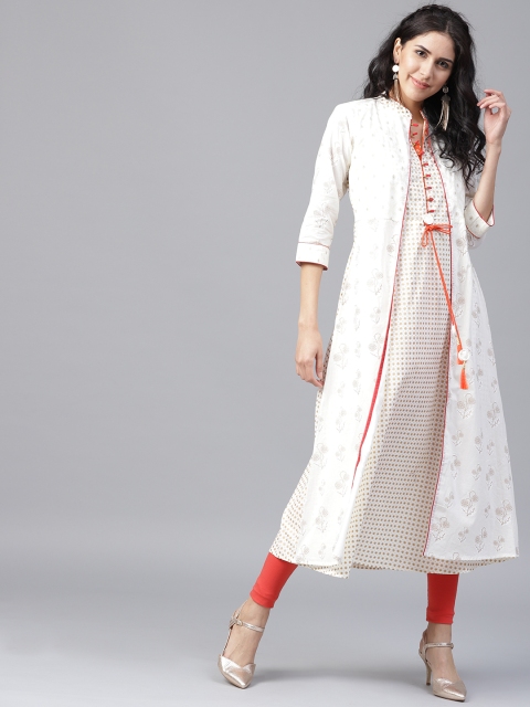 

Yufta Women White & Golden Printed Layered A-Line Kurta