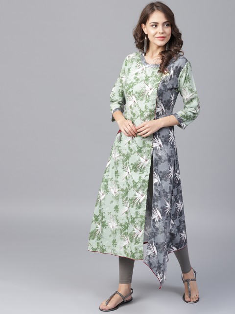 

Yufta Women Green & Grey Printed A-Line Kurta