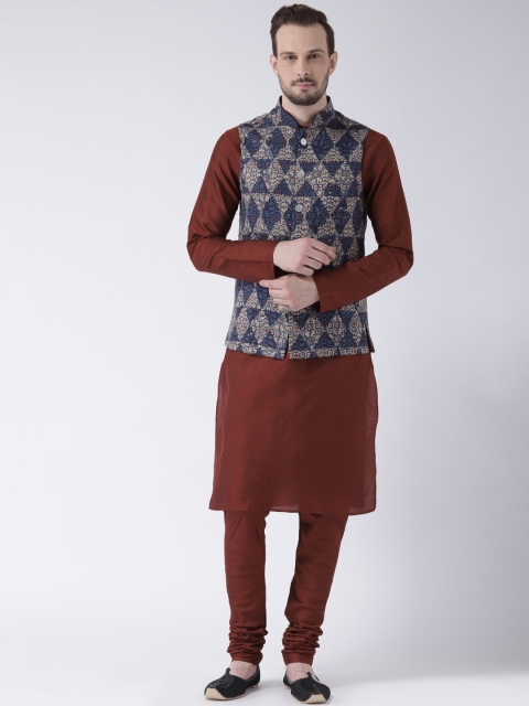 

KISAH Men Brown & Navy Blue Solid Churidar Kurta with Nehru Jacket