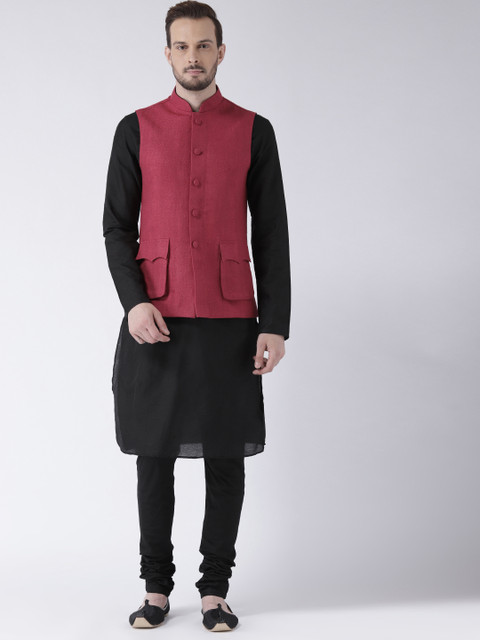 

KISAH Men Black & Pink Solid Churidar Kurta with Nehru Jacket