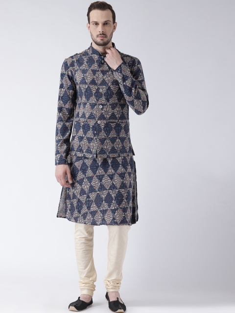 

KISAH Men Navy Blue Printed Kurta with Churidar & Nehru Jacket