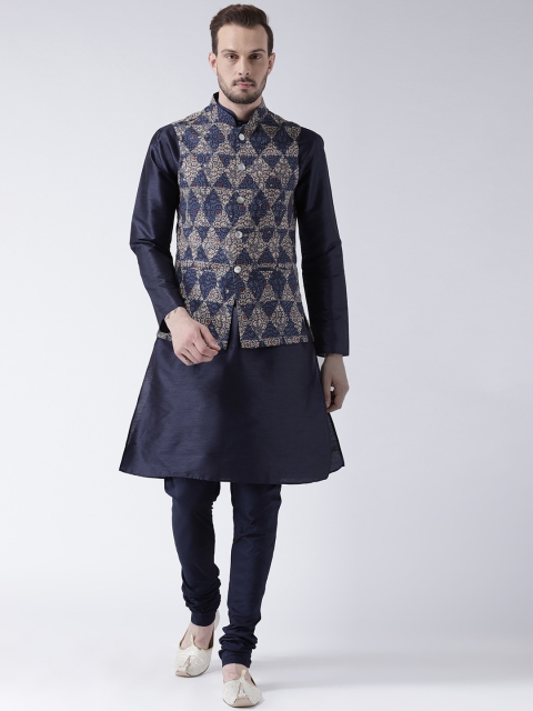 

KISAH Men Navy Blue Solid Churidar Kurta with Nehru Jacket
