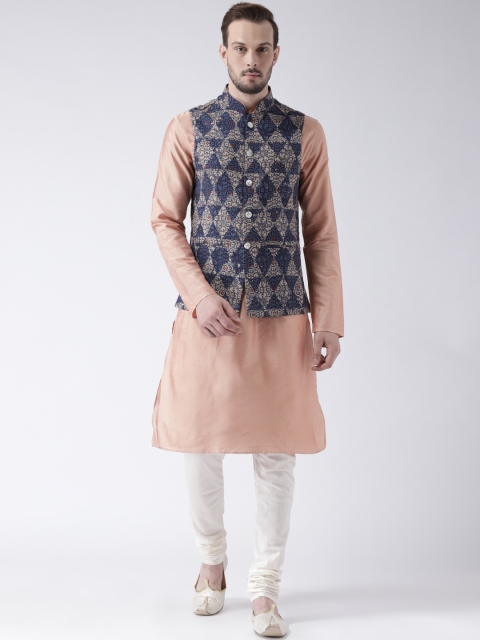 

KISAH Men Peach-Coloured & Navy Blue Solid Churidar Kurta with Nehru Jacket