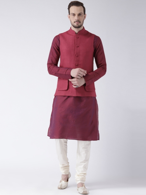 

KISAH Men Magenta & White Solid Churidar Kurta with Nehru Jacket