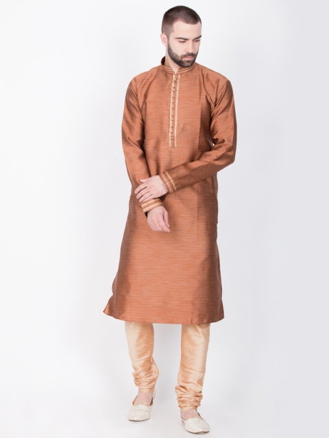 

Sanwara Men Brown & Beige Self Design Kurta with Churidar