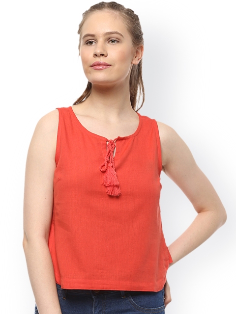 

People Women Orange Solid Pure Cotton Top