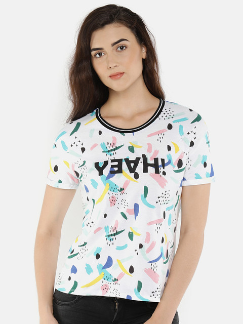 

People Women White Printed Round Neck T-shirt
