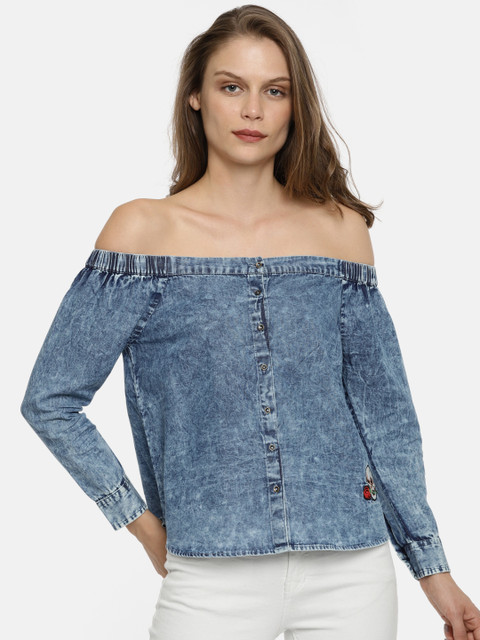 

People Women Blue Solid Bardot Pure Cotton Top