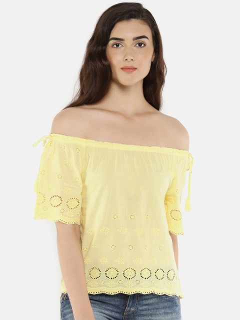 

People Women Yellow Self-Design Bardot Pure Cotton Top