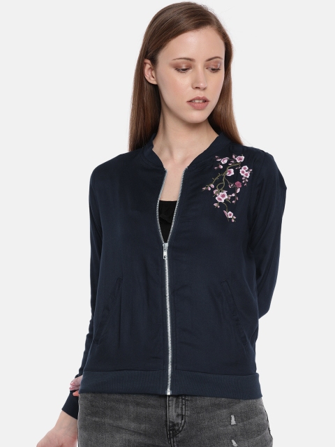 

People Women Navy Blue Solid Lightweight Bomber With Embroidered Detail