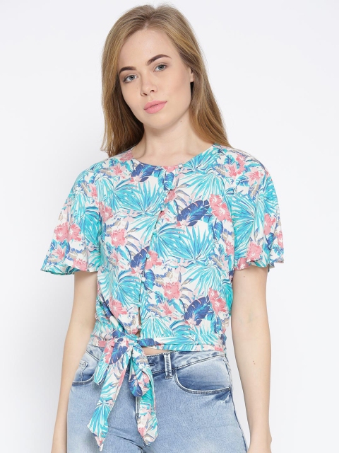 

People Women Blue Tropical Print Crop Top