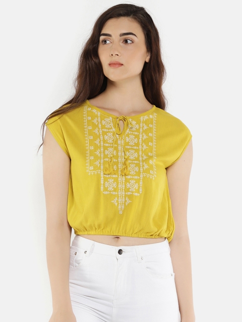 

People Women Yellow Self Design Cropped Blouson Top