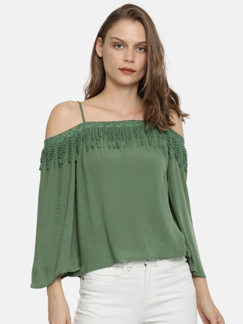 

People Women Olive Green Solid Bardot Top