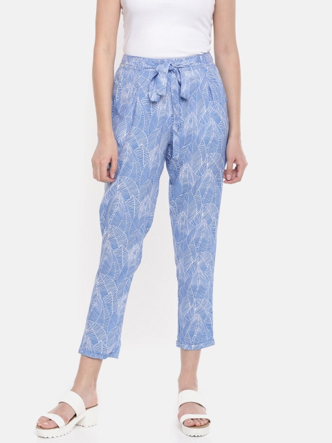 

People Women Blue Regular Fit Printed Crop Cigarette Trousers