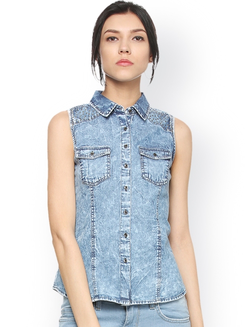 

People Women Blue Regular Fit Faded Denim Casual Shirt