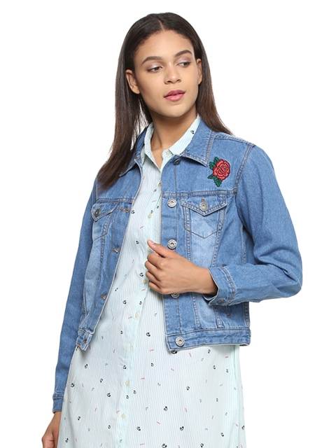 

People Women Blue Solid Open Front Denim Jacket