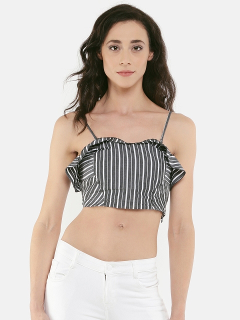 

People Women Charcoal Grey & White Striped Crop Top