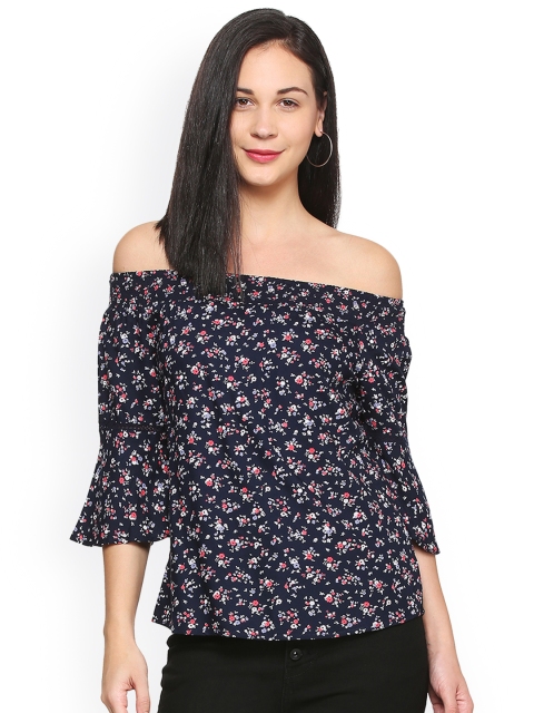 

People Women Navy Blue Printed Bardot Top