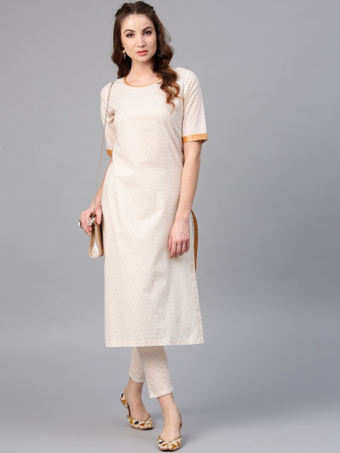 

AKS Women Cream-Coloured & Golden Printed Straight Kurta