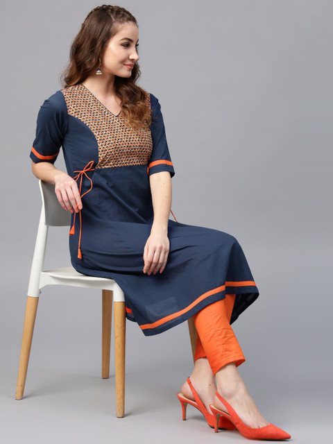 

AKS Women Blue & Orange Solid A-Line Kurta