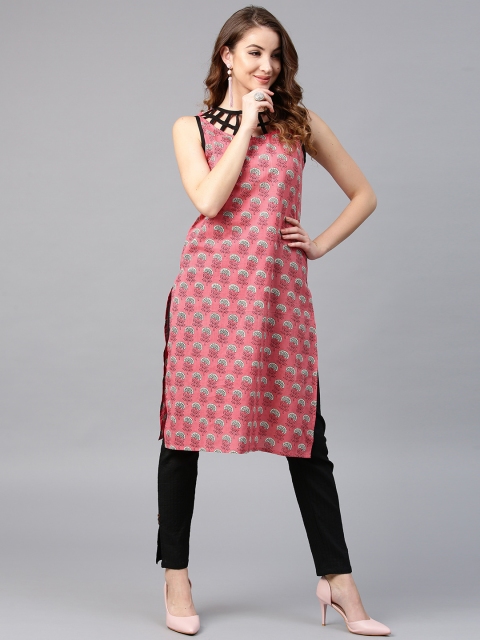 

AKS Women Pink & Black Printed Straight Kurta