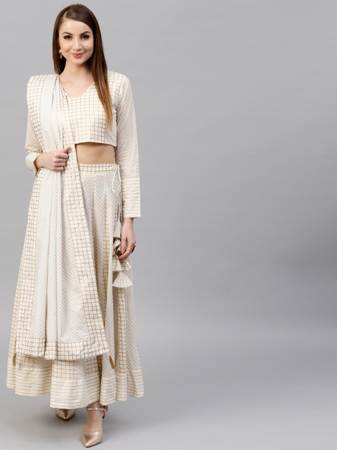 

AKS Cream-Coloured & Golden Printed Ready to Wear Lehenga & Blouse with Dupatta