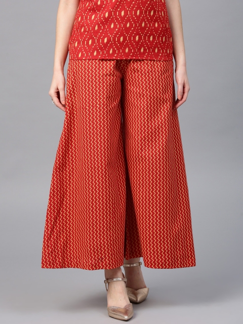 

AKS Women Red & Mustard Yellow Printed Wide Leg Palazzos