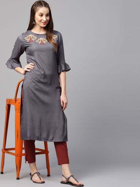 

Yufta Women Grey & Maroon Solid Kurta with Trousers