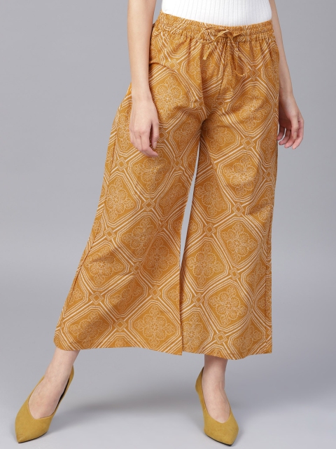 

Yufta Women Mustard Yellow & Off-White Printed Wide Leg Cropped Palazzos