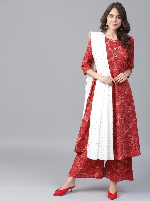 

Yufta Women Rust Red & White Printed Kurta with Palazzos & Dupatta