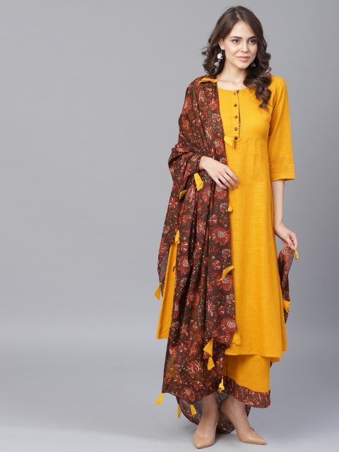 

Yufta Women Mustard Yellow & Brown Solid Kurta with Palazzos & Dupatta