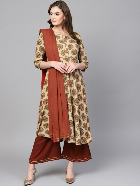 

Yufta Women Beige & Brown Printed Kurta with Palazzos & Dupatta