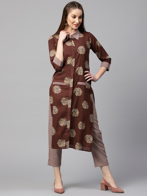 

Yufta Women Brown & Off-White Printed Kurta with Trousers