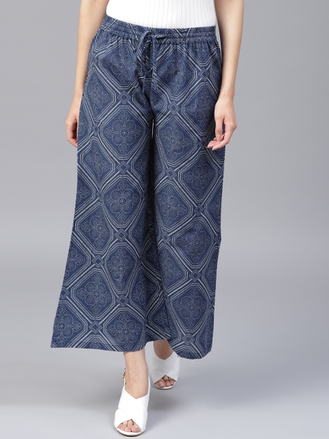 

Yufta Women Navy Blue & Off-White Printed Wide Leg Cropped Palazzos