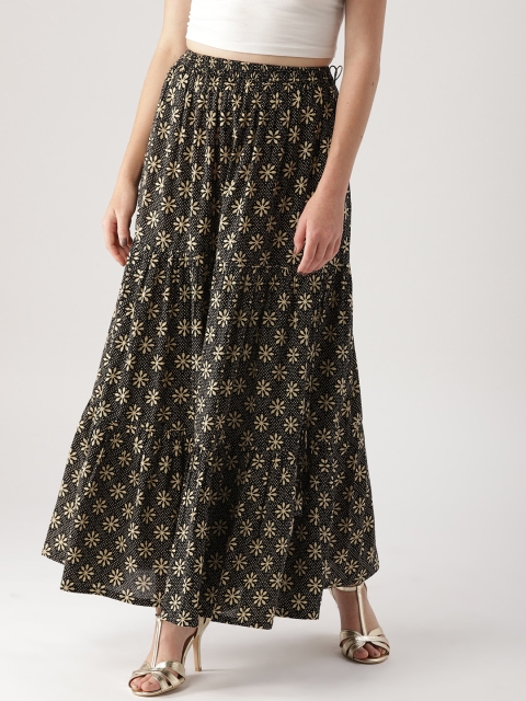 

Libas Black & Beige Printed Maxi Tiered Pure Cotton Skirt