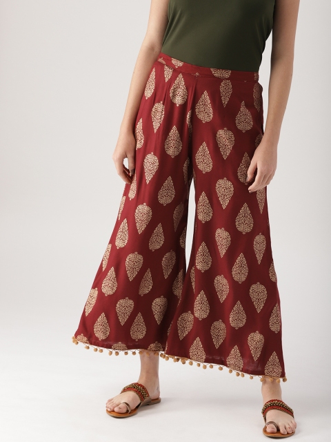 

Libas Women Maroon & Golden Printed Cropped Wide Leg Palazzos