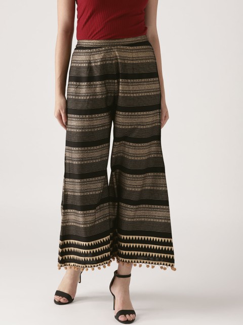 

Libas Women Black & Golden Striped Wide Leg Palazzos