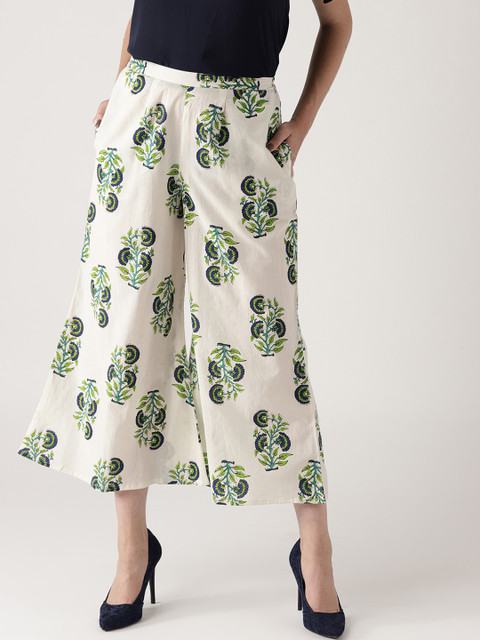 

Libas Women Off-White & Navy Blue Printed Wide Leg Palazzos