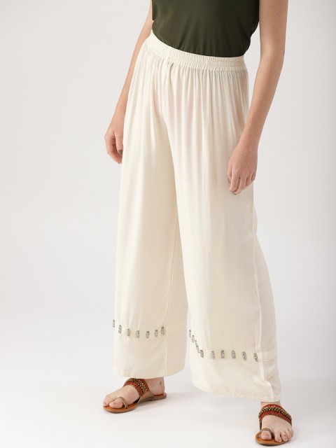 

Libas Women Off-White Solid Wide Leg Palazzos