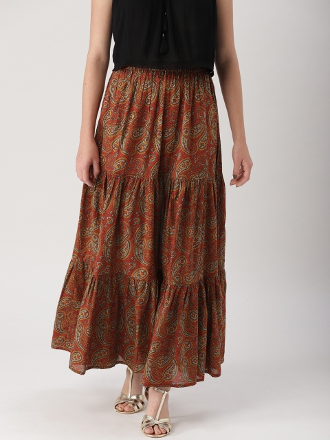 

Libas Rust Orange & Mustard Yellow Printed Maxi Tiered Skirt