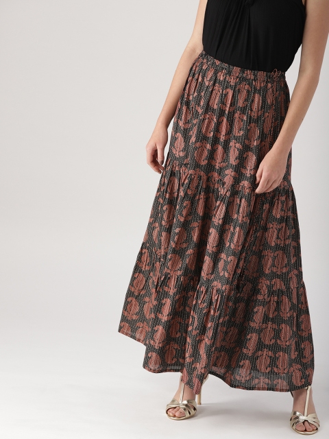

Libas Black & Rust Brown Printed Maxi Tiered Pure Cotton Skirt