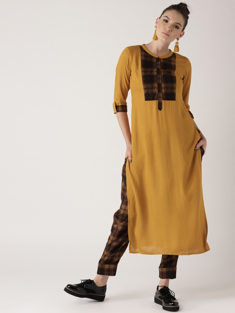 

Libas Women Mustard Yellow & Brown Solid Kurta with Trousers