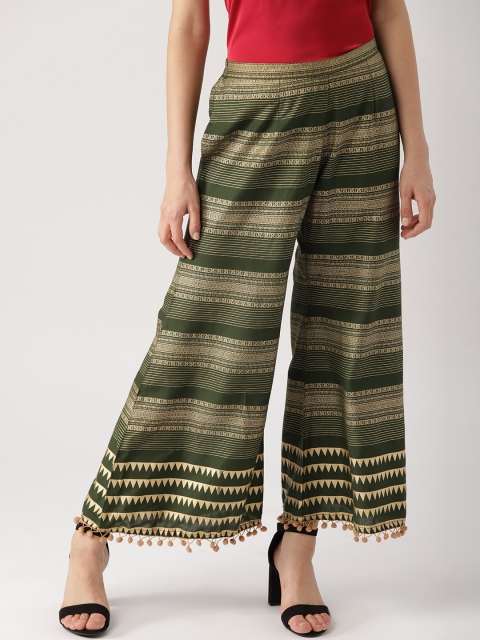 

Libas Women Green & Golden Striped Wide Leg Palazzos