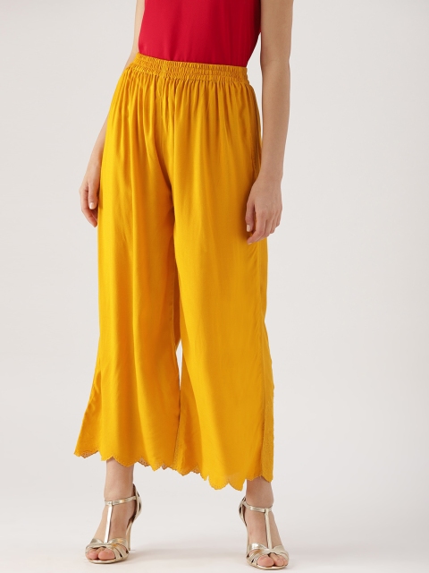 

Libas Women Mustard Yellow Wide Leg Hem Design Palazzos