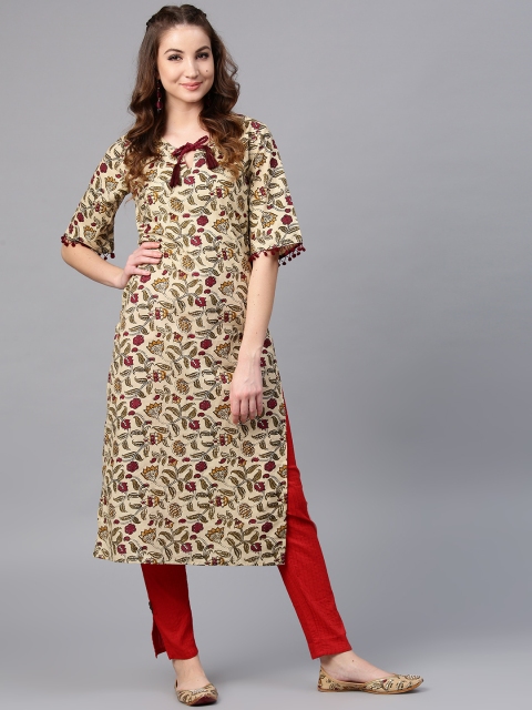 

AKS Women Beige & Maroon Printed Straight Kurta