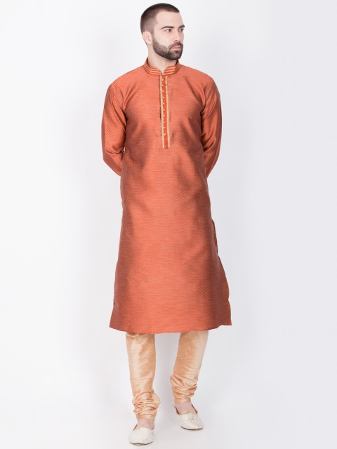 

Sanwara Men Orange & Beige Self Design Kurta with Churidar